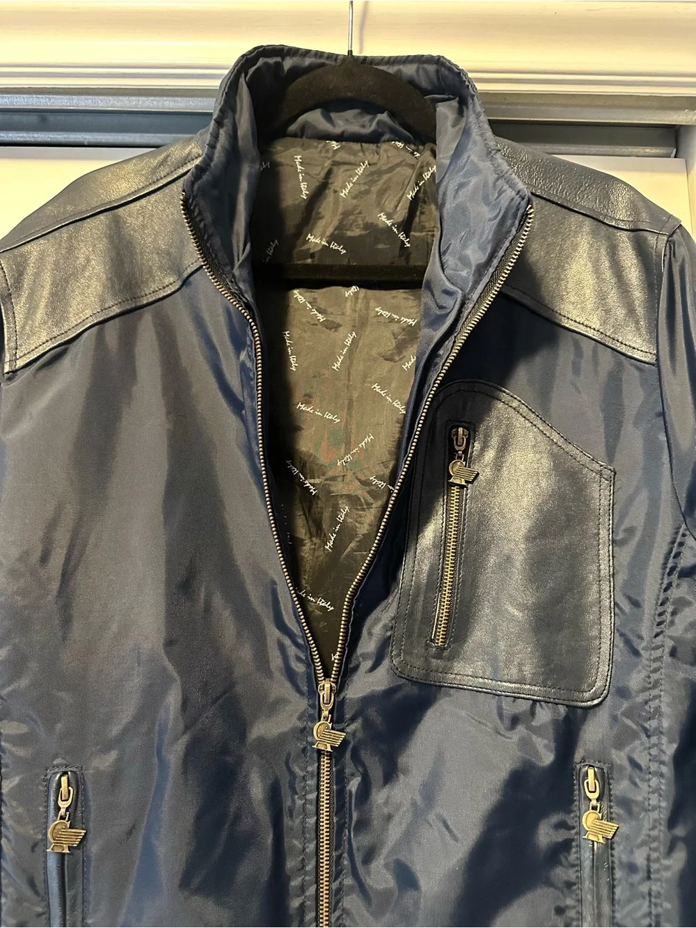 Made in Italy 🇮🇹 Men's Navy Bomber Jacket with leather Trim